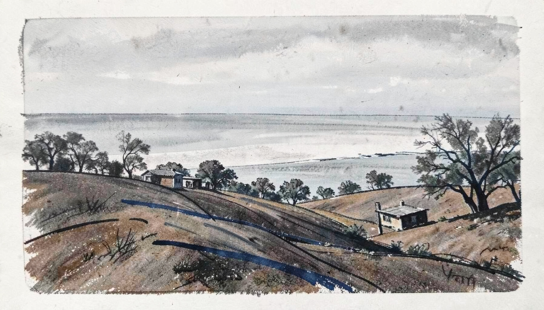 A wide charcoal drawing of rolling hills meeting the coastline under a soft overcast sky, with scattered low structures nestled among oak trees; muted greys, earthy browns, and pale blue-grey tones.